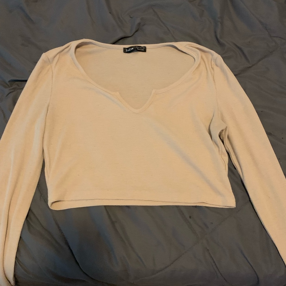 SHEIN Cream Fitted Crop Blouse Long Sleeve